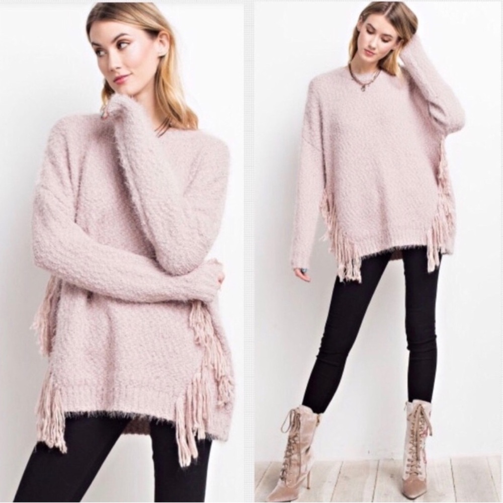 Cozy Orchid Fringe Knit Sweater